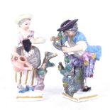 2 19th century Continental porcelain figures, crossed swords marks, largest height 12cm