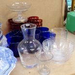 Various glassware, including set of 7 Kaj Franck for Iittala blue glass beakers, etched clear