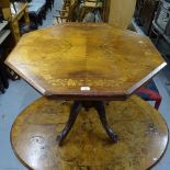 A Victorian walnut and marquetry decorated octagonal tilt-top table, on quadruple carved sabre leg