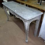 A painted and distressed design console table, with carved frieze on cabriole legs, L140cm, H75cm,