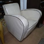 An Art Deco design white leather upholstered Club chair with black piping