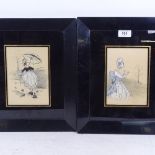 A pair of watercolour and embroidered pictures of young ladies, in original ebonised frames, "Sewn