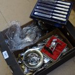 A box containing plated cutlery, bowls etc