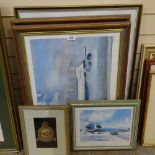 RAF Transport Squadron embroidered panel, and 4 coloured prints of aircraft, including works by