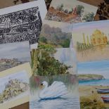 A folder of unframed watercolour landscapes, various artists, and Barbara Hill linocut "Nets Drying"