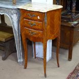 A Continental kingwood and inlaid marble-top bedside chest, 3 frieze drawers, and ormolu mounts,