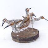 Clive Fredriksson, hand carved and painted wood sculpture, wader birds on metal-bound barrel type