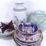 A Japanese vase, 31.5cm, a Chinese jar, an Imari bowl and plates, and a set of Oriental plates