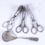 3 pairs of decorative silver cake tongs, all stamped, and a Swedish silver spoon