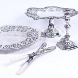A Mappin & Webb silver plated bon bon dish, with pierced decoration, a similar comport, a small