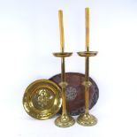 A pair of Vanpoulle of Westminster brass candlesticks, French brass tray etc, candlestick height