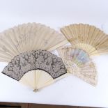 4 Antique ivory-handled brise fans, including embroidered silk examples (4)