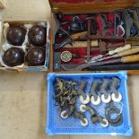 A gentleman's tool chest with tools, a box of furniture casters etc, and a bowling balls set