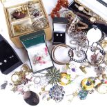 Silver and other costume jewellery, amber beads etc