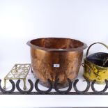 Various fireside items, including copper copper, brass coal bucket etc