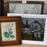 A pair of Cecil Aldin prints, modernist oil on canvas, and flower print (4)