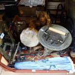 Various collectables, including horse racing coat hanger, brass tazza, modernist sculpture,