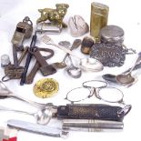 Various collectables, including Thunderer whistle, silver plated souvenir spoons, propelling