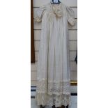 A Victorian silk christening gown and bonnet, length 97cm