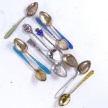 10 various silver and enamel teaspoons, 105g