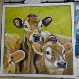 Clive Fredriksson, large oil on canvas, brown cows, 76cm x 76cm, framed