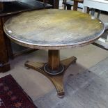 19th century mahogany circular tilt-top breakfast table, on trefoil platform base, W104cm, H73cm