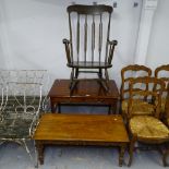 A stained beech rocking chair, 2-drawer writing desk, and a coffee table (3)