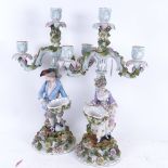 A pair of Continental porcelain 3-branch candelabra, supported by country figures, height 42cm