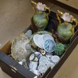 2 boxes of glass decanters, a pair of vases, teaware etc