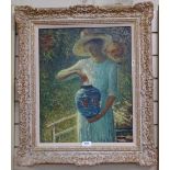 A Moreau, impressionist oil on canvas, lady with a lantern, signed, 50cm x 40cm, framed