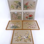 7 Chinese watercolours on silk, ornithological studies, framed