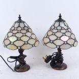A pair of Vintage Tiffany style mother-of-pearl and glass bead leadlight panel table lamps, height