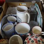 Large quantity of glass and ceramics, including Spode mug, Brixton Pottery mugs, jugs etc (boxful)