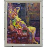 Lovegrove, large oil on board, impressionist seated nude lady, signed verso, 74cm x 60cm, framed