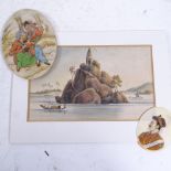 An Indian miniature watercolour on ivory with gilding, depicting 2 lovers, height 11cm, and an