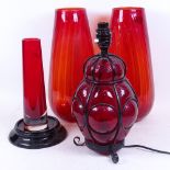 A pair of glass vases, 33cm, another, and wirework-cased red glass lamp