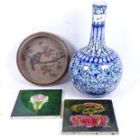 2 Art Nouveau 6" tiles, a Danish Studio bowl with bird and fruit design, and a vase with blue and