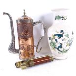 A Chinese copper and brass ewer, brass scribe's instrument case, and a 4-draw telescope (3)