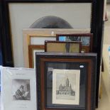 Various pictures and prints, including charcoal portraits, mid-century poster etc