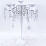A Vintage white painted metal 4-branch candelabra with glass drops, height 45cm
