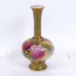 Royal Worcester narrow-necked vase, hand painted and gilded rose decoration, height 14cm