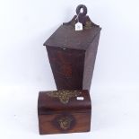 A 19th century oak wall-hanging candle box, and a walnut dome-top tea caddy, largest height 47cm (2)