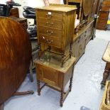 A 1920s oak 4-drawer chest on barley twist legs, W45cm, and a similar bedside cabinet, W56cm