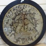 A 19th century woolwork embroidered picture, depicting wildlife and flowers, diameter 62cm, framed