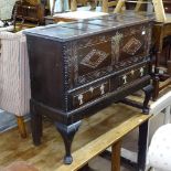 18th century chip carved oak mule chest on stand, W103cm, H85cm