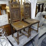 A pair of oak Breton chairs, with figural carved panelled backs