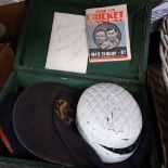 Various collectables, including cricket autographs, ship's pulley, glass marbles, cricket hats