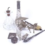 A scent bottle with embossed silver collar, a silver-handled button hook, a pillbox etc