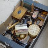 Various Tribal hardwood items, oak twist stem candlestick, set of bone dominos etc (boxful)