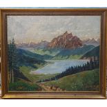A large mid-20th century oil on board, Swiss Alps scene, indistinctly signed, 79cm x 96cm, framed